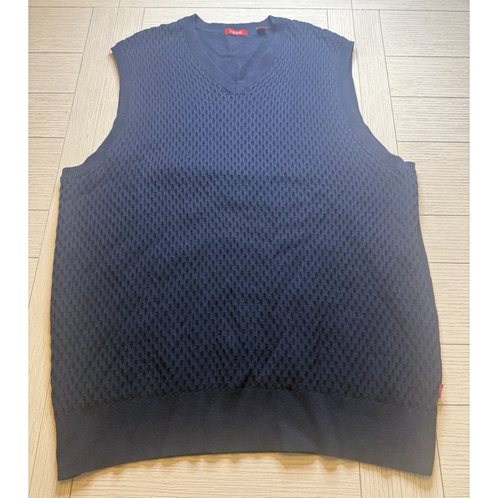 Izod Sweater Vest Mens Navy‎ V Neck Waffle Knit 100% Cotton Pullover. Sz L